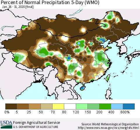 China, Mongolia and Taiwan Percent of Normal Precipitation 5-Day (WMO) Thematic Map For 1/26/2020 - 1/31/2020