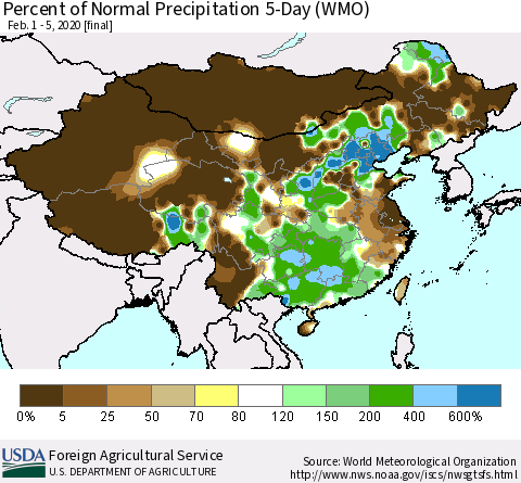 China, Mongolia and Taiwan Percent of Normal Precipitation 5-Day (WMO) Thematic Map For 2/1/2020 - 2/5/2020