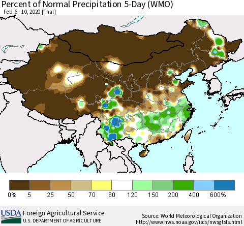 China, Mongolia and Taiwan Percent of Normal Precipitation 5-Day (WMO) Thematic Map For 2/6/2020 - 2/10/2020