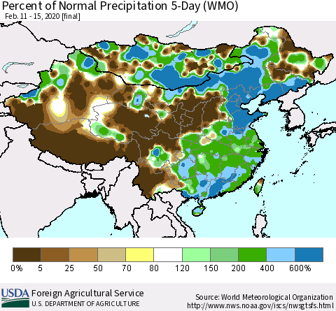 China, Mongolia and Taiwan Percent of Normal Precipitation 5-Day (WMO) Thematic Map For 2/11/2020 - 2/15/2020