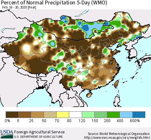 China, Mongolia and Taiwan Percent of Normal Precipitation 5-Day (WMO) Thematic Map For 2/16/2020 - 2/20/2020
