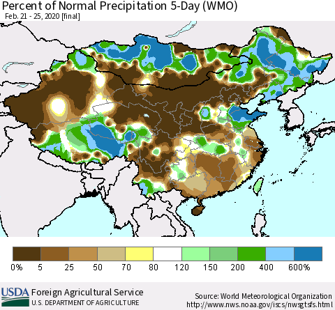 China, Mongolia and Taiwan Percent of Normal Precipitation 5-Day (WMO) Thematic Map For 2/21/2020 - 2/25/2020