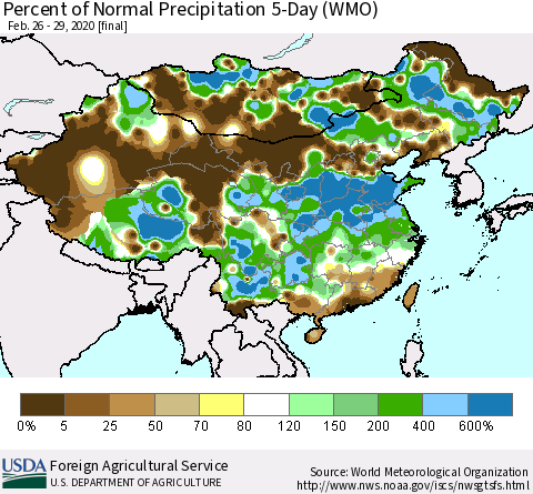 China, Mongolia and Taiwan Percent of Normal Precipitation 5-Day (WMO) Thematic Map For 2/26/2020 - 2/29/2020