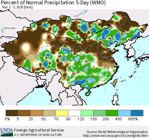 China, Mongolia and Taiwan Percent of Normal Precipitation 5-Day (WMO) Thematic Map For 3/1/2020 - 3/5/2020