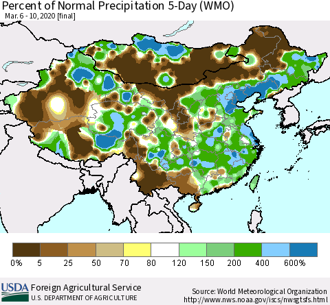 China, Mongolia and Taiwan Percent of Normal Precipitation 5-Day (WMO) Thematic Map For 3/6/2020 - 3/10/2020