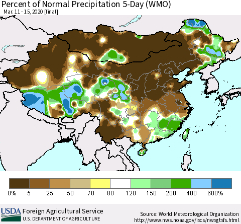 China, Mongolia and Taiwan Percent of Normal Precipitation 5-Day (WMO) Thematic Map For 3/11/2020 - 3/15/2020