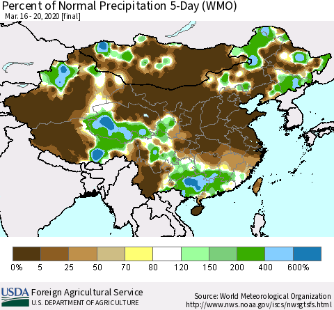 China, Mongolia and Taiwan Percent of Normal Precipitation 5-Day (WMO) Thematic Map For 3/16/2020 - 3/20/2020