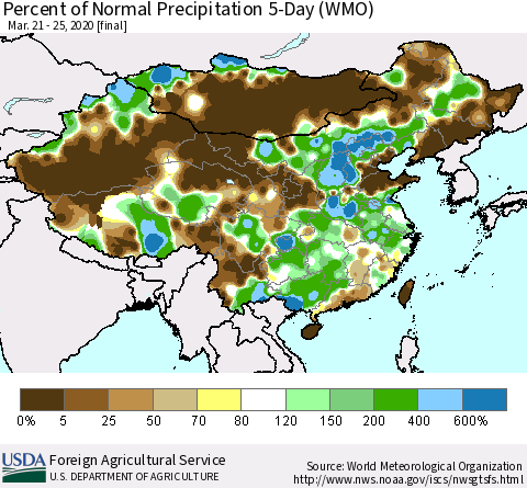 China, Mongolia and Taiwan Percent of Normal Precipitation 5-Day (WMO) Thematic Map For 3/21/2020 - 3/25/2020