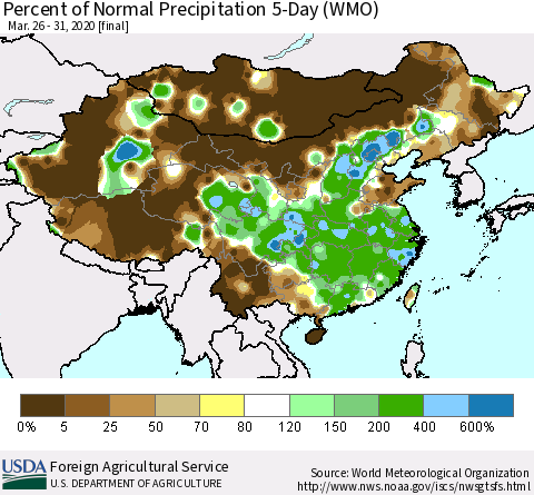 China, Mongolia and Taiwan Percent of Normal Precipitation 5-Day (WMO) Thematic Map For 3/26/2020 - 3/31/2020