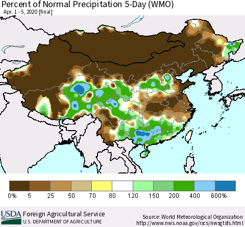 China, Mongolia and Taiwan Percent of Normal Precipitation 5-Day (WMO) Thematic Map For 4/1/2020 - 4/5/2020