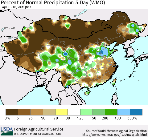 China, Mongolia and Taiwan Percent of Normal Precipitation 5-Day (WMO) Thematic Map For 4/6/2020 - 4/10/2020