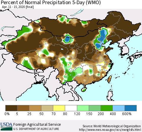 China, Mongolia and Taiwan Percent of Normal Precipitation 5-Day (WMO) Thematic Map For 4/11/2020 - 4/15/2020