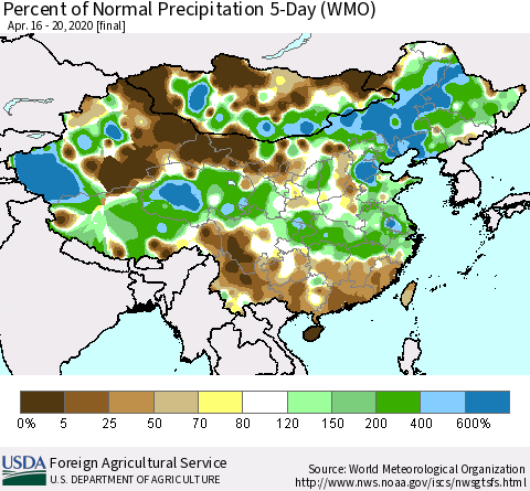 China, Mongolia and Taiwan Percent of Normal Precipitation 5-Day (WMO) Thematic Map For 4/16/2020 - 4/20/2020