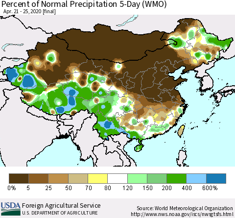 China, Mongolia and Taiwan Percent of Normal Precipitation 5-Day (WMO) Thematic Map For 4/21/2020 - 4/25/2020