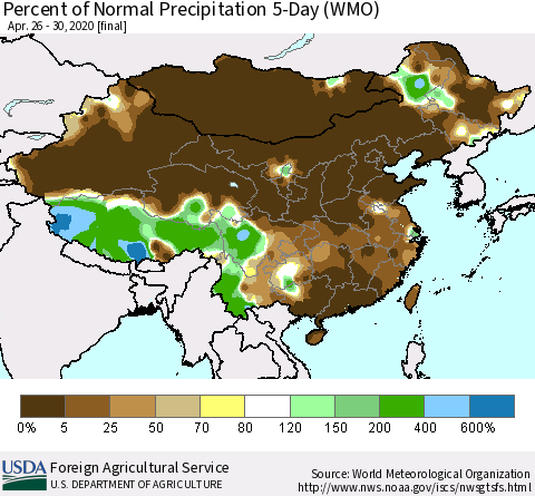 China, Mongolia and Taiwan Percent of Normal Precipitation 5-Day (WMO) Thematic Map For 4/26/2020 - 4/30/2020
