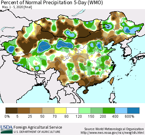China, Mongolia and Taiwan Percent of Normal Precipitation 5-Day (WMO) Thematic Map For 5/1/2020 - 5/5/2020