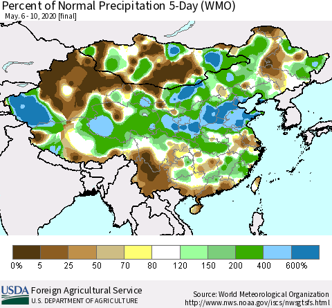 China, Mongolia and Taiwan Percent of Normal Precipitation 5-Day (WMO) Thematic Map For 5/6/2020 - 5/10/2020