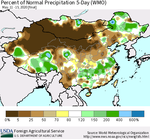 China, Mongolia and Taiwan Percent of Normal Precipitation 5-Day (WMO) Thematic Map For 5/11/2020 - 5/15/2020