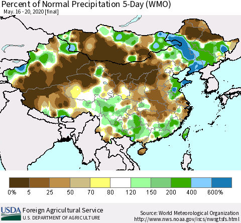 China, Mongolia and Taiwan Percent of Normal Precipitation 5-Day (WMO) Thematic Map For 5/16/2020 - 5/20/2020
