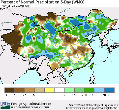 China, Mongolia and Taiwan Percent of Normal Precipitation 5-Day (WMO) Thematic Map For 5/21/2020 - 5/25/2020
