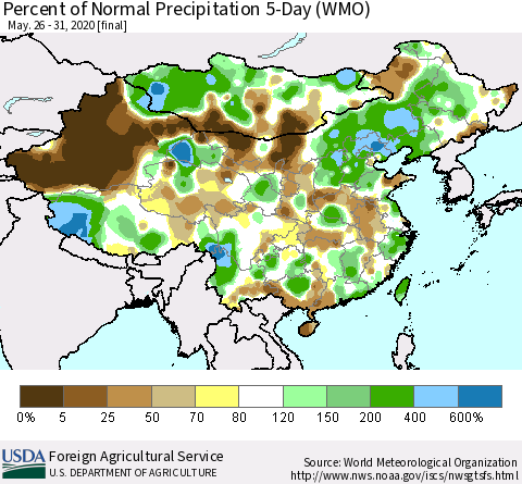 China, Mongolia and Taiwan Percent of Normal Precipitation 5-Day (WMO) Thematic Map For 5/26/2020 - 5/31/2020