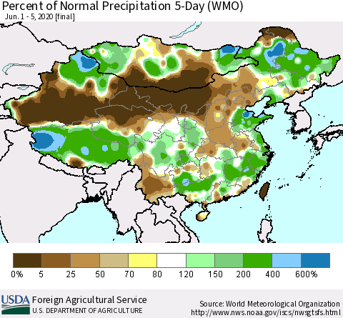 China, Mongolia and Taiwan Percent of Normal Precipitation 5-Day (WMO) Thematic Map For 6/1/2020 - 6/5/2020