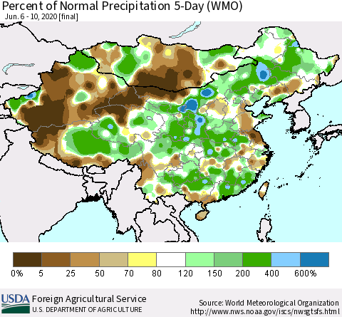 China, Mongolia and Taiwan Percent of Normal Precipitation 5-Day (WMO) Thematic Map For 6/6/2020 - 6/10/2020