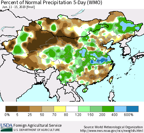 China, Mongolia and Taiwan Percent of Normal Precipitation 5-Day (WMO) Thematic Map For 6/11/2020 - 6/15/2020