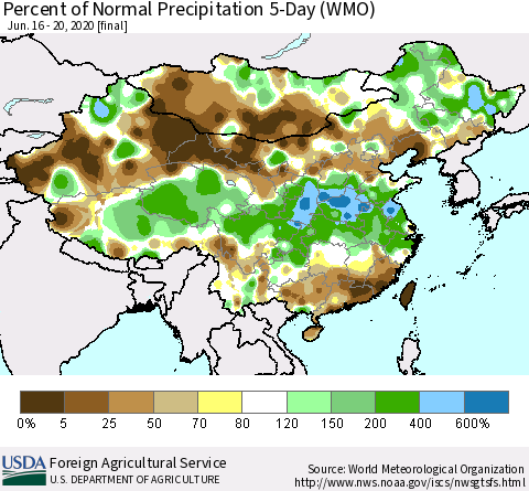 China, Mongolia and Taiwan Percent of Normal Precipitation 5-Day (WMO) Thematic Map For 6/16/2020 - 6/20/2020