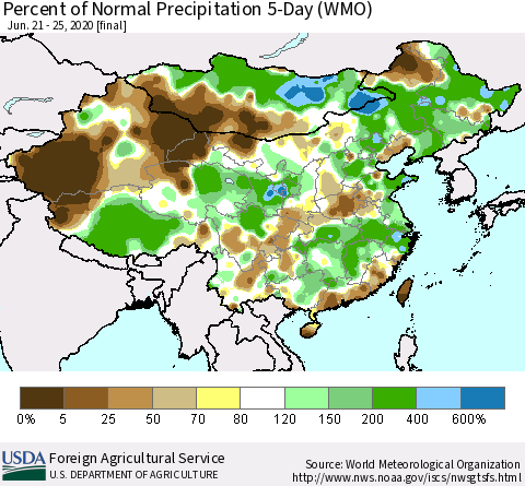 China, Mongolia and Taiwan Percent of Normal Precipitation 5-Day (WMO) Thematic Map For 6/21/2020 - 6/25/2020