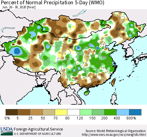 China, Mongolia and Taiwan Percent of Normal Precipitation 5-Day (WMO) Thematic Map For 6/26/2020 - 6/30/2020