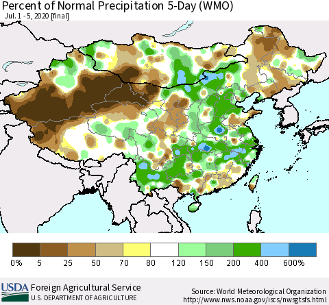 China, Mongolia and Taiwan Percent of Normal Precipitation 5-Day (WMO) Thematic Map For 7/1/2020 - 7/5/2020