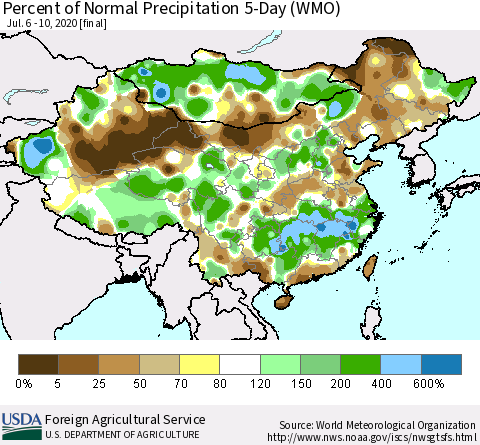 China, Mongolia and Taiwan Percent of Normal Precipitation 5-Day (WMO) Thematic Map For 7/6/2020 - 7/10/2020