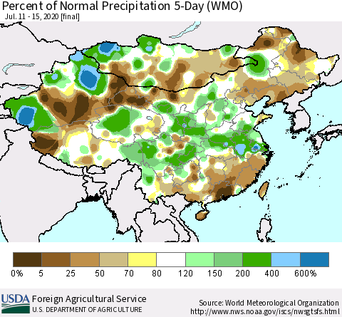 China, Mongolia and Taiwan Percent of Normal Precipitation 5-Day (WMO) Thematic Map For 7/11/2020 - 7/15/2020