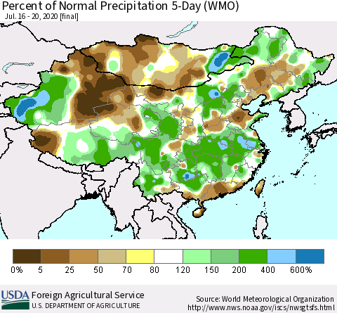 China, Mongolia and Taiwan Percent of Normal Precipitation 5-Day (WMO) Thematic Map For 7/16/2020 - 7/20/2020