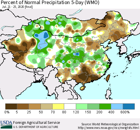 China, Mongolia and Taiwan Percent of Normal Precipitation 5-Day (WMO) Thematic Map For 7/21/2020 - 7/25/2020