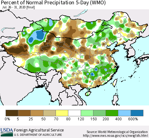 China, Mongolia and Taiwan Percent of Normal Precipitation 5-Day (WMO) Thematic Map For 7/26/2020 - 7/31/2020