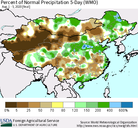 China, Mongolia and Taiwan Percent of Normal Precipitation 5-Day (WMO) Thematic Map For 8/1/2020 - 8/5/2020