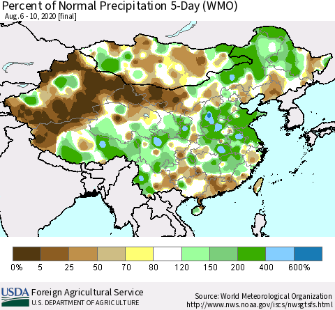 China, Mongolia and Taiwan Percent of Normal Precipitation 5-Day (WMO) Thematic Map For 8/6/2020 - 8/10/2020