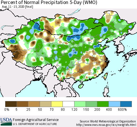China, Mongolia and Taiwan Percent of Normal Precipitation 5-Day (WMO) Thematic Map For 8/11/2020 - 8/15/2020