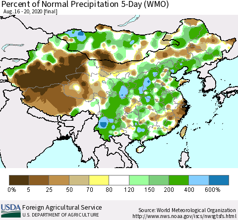 China, Mongolia and Taiwan Percent of Normal Precipitation 5-Day (WMO) Thematic Map For 8/16/2020 - 8/20/2020