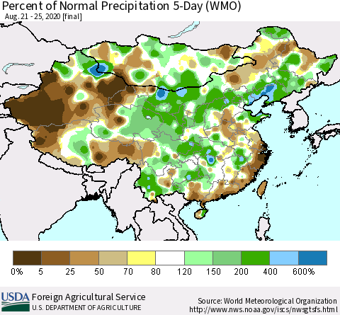 China, Mongolia and Taiwan Percent of Normal Precipitation 5-Day (WMO) Thematic Map For 8/21/2020 - 8/25/2020