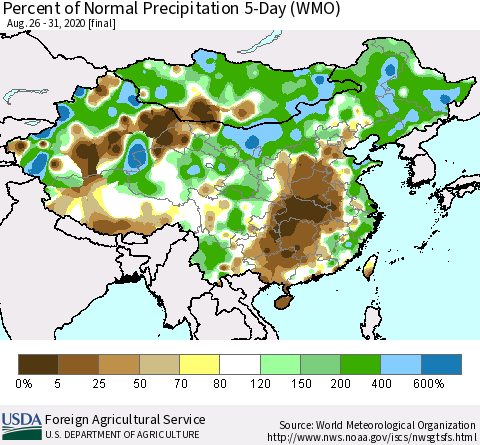 China, Mongolia and Taiwan Percent of Normal Precipitation 5-Day (WMO) Thematic Map For 8/26/2020 - 8/31/2020