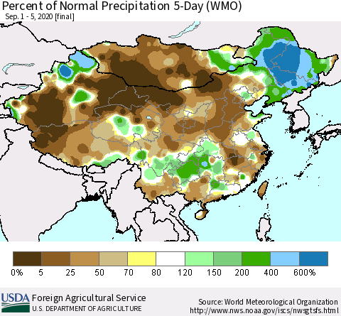 China, Mongolia and Taiwan Percent of Normal Precipitation 5-Day (WMO) Thematic Map For 9/1/2020 - 9/5/2020