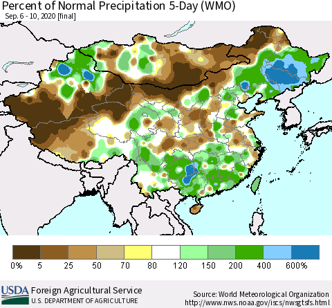 China, Mongolia and Taiwan Percent of Normal Precipitation 5-Day (WMO) Thematic Map For 9/6/2020 - 9/10/2020
