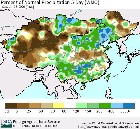 China, Mongolia and Taiwan Percent of Normal Precipitation 5-Day (WMO) Thematic Map For 9/11/2020 - 9/15/2020