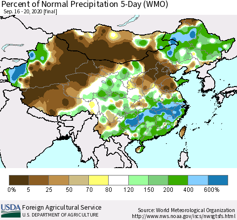 China, Mongolia and Taiwan Percent of Normal Precipitation 5-Day (WMO) Thematic Map For 9/16/2020 - 9/20/2020