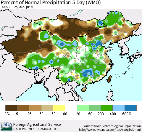 China, Mongolia and Taiwan Percent of Normal Precipitation 5-Day (WMO) Thematic Map For 9/21/2020 - 9/25/2020