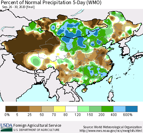 China, Mongolia and Taiwan Percent of Normal Precipitation 5-Day (WMO) Thematic Map For 9/26/2020 - 9/30/2020
