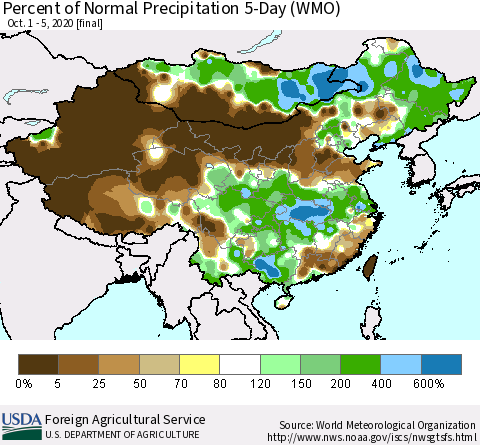 China, Mongolia and Taiwan Percent of Normal Precipitation 5-Day (WMO) Thematic Map For 10/1/2020 - 10/5/2020